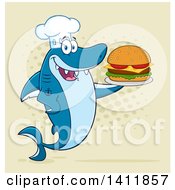Poster, Art Print Of Cartoon Happy Shark Chef Mascot Character Serving A Cheeseburger Over Halftone