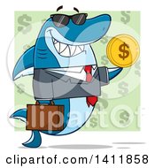 Cartoon Business Shark Mascot Character Wearing Sunglasses And Holding A Usd Coin Over A Green Pattern