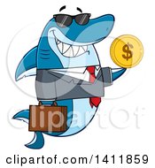 Cartoon Business Shark Mascot Character Wearing Sunglasses And Holding A Usd Coin