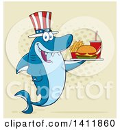 Poster, Art Print Of Cartoon Happy Patriotic American Shark Mascot Character Holding A Tray Of Fast Food Over Halftone