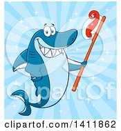 Poster, Art Print Of Cartoon Happy Shark Mascot Character Holding A Toothbrush Over Blue