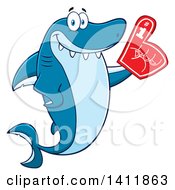 Cartoon Happy Shark Mascot Character Wearing A Foam Finger