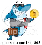 Cartoon Happy Business Shark Mascot Character Holding A Goden Bitcoin