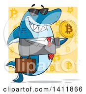 Cartoon Happy Business Shark Mascot Character Holding A Goden Bitcoin Over A Yellow Pattern