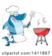 Poster, Art Print Of Cartoon Happy Shark Chef Mascot Character Cooking Beef Patties On A Bbq