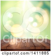 Poster, Art Print Of 3d Wood Deck Or Table Against A Blurry Green Background With Flares