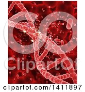 Clipart Of A Red Background Of A 3d Dna Strand Blood Cells And Bacteria Royalty Free Illustration