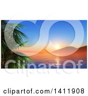 3d Landscape Of A Tropical Ban And Palm Trees At Sunset