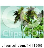 Clipart Of A 3d Landscape Of A Tropical Bay With Mountains And Palm Trees Royalty Free Illustration