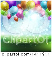 Poster, Art Print Of Party Background Of 3d Balloons Over Blurred Sky And Grass