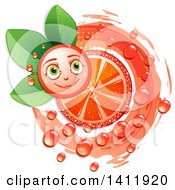 Poster, Art Print Of Pink Grapefruit Character With A Juicy Slice Over Leaves
