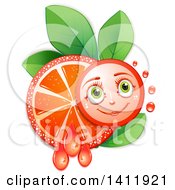 Poster, Art Print Of Pink Grapefruit Character With A Juicy Slice Over Leaves