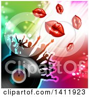 Poster, Art Print Of Vinyl Record With Silhouetted Dancers And Lips Over Colorful Lights