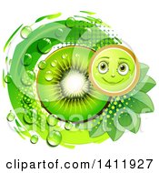 Poster, Art Print Of Kiwi Fruit Character With A Slice Drops And Leaves