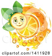 Poster, Art Print Of Navel Orange Character With A Slice Drops And Leaves