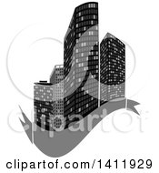 Poster, Art Print Of Design Of City Highrise Skyscraper Buildings With A Blank Gray Banner