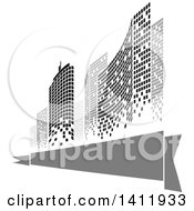Clipart Of A Design Of City Highrise Skyscraper Buildings With A Blank Gray Banner Royalty Free Vector Illustration