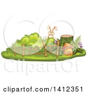 Poster, Art Print Of Rabbit Peeking Over A Tree Stump And Mushroom House