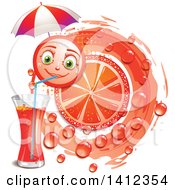 Pink Grapefruit Character Drinking Juice Over Leaves