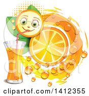 Poster, Art Print Of Navel Orange Character Drinking Juice With Drops And Leaves