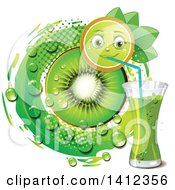 Poster, Art Print Of Kiwi Fruit Character Drinking Juice With A Slice Drops And Leaves