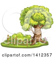 Clipart Of A Mature Tree With A Hollow And Wood Fence Royalty Free Vector Illustration by merlinul