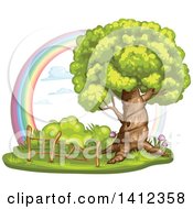 Poster, Art Print Of Mature Tree With A Hollow And Wood Fence Against A Rainbow