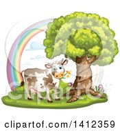 Poster, Art Print Of Cow Grazing Under A Tree Against A Rainbow