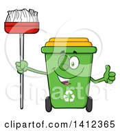 Cartoon Green Recycle Bin Character Winking Giving A Thumb Up And Holding A Broom