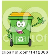 Cartoon Green Recycle Bin Character Waving Over Halftone