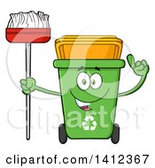 Cartoon Green Recycle Bin Character Holding Up A Finger And A Broom