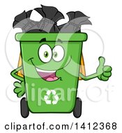 Poster, Art Print Of Cartoon Green Recycle Bin Character Full Of Bags Giving A Thumb Up