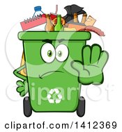 Cartoon Angry Green Recycle Bin Character Full Of Garbage Gesturing Stop