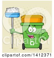 Poster, Art Print Of Cartoon Green Recycle Bin Character Holding A Broom And Pointing At You Over Halftone