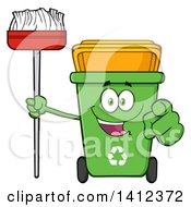 Poster, Art Print Of Cartoon Green Recycle Bin Character Holding A Broom And Pointing At You