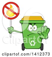 Cartoon Green Recycle Bin Character Gesturing Stop And Holding A Fire Sign