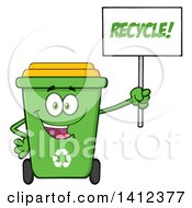Cartoon Green Recycle Bin Character Holding Up A Sign