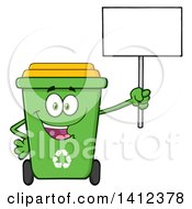 Cartoon Green Recycle Bin Character Holding Up A Blank Sign