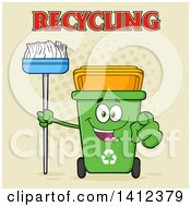 Clipart Of A Cartoon Green Recycle Bin Character Holding A Broom And Pointing At You Over Halftone Royalty Free Vector Illustration