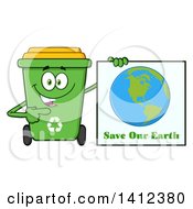Poster, Art Print Of Cartoon Green Recycle Bin Character Holding A Save Our Earth Sign