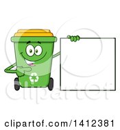 Cartoon Green Recycle Bin Character Pointing To A Blank Sign