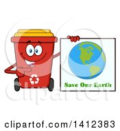 Cartoon Red Recycle Bin Character Holding A Save Our Earth Sign