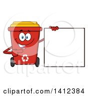 Cartoon Red Recycle Bin Character Pointing To A Sign
