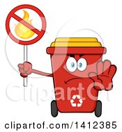 Cartoon Red Recycle Bin Character Gesturing Stop And Holding A Fire Sign