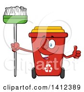 Cartoon Red Recycle Bin Character Winking Holding A Broom And Giving A Thumb Up