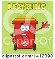Poster, Art Print Of Cartoon Red Recycle Bin Character Waving Over Green Halftone