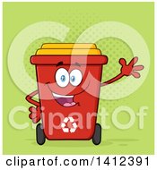 Cartoon Red Recycle Bin Character Waving Over Green Halftone