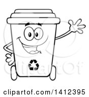 Poster, Art Print Of Cartoon Black And White Lineart Recycle Bin Character Waving