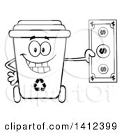 Poster, Art Print Of Cartoon Black And White Lineart Recycle Bin Character Holding Cash Money