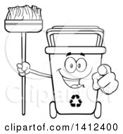 Poster, Art Print Of Cartoon Black And White Lineart Recycle Bin Character Holding A Broom And Pointing At You